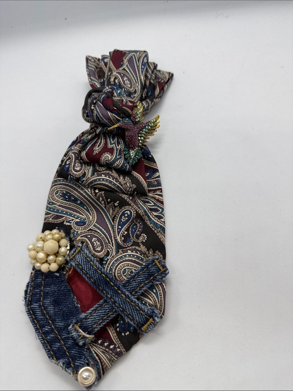 Paisley Silk-Look Knot Tie with Denim & Jewel Accents - Burgundy, Navy, Cream